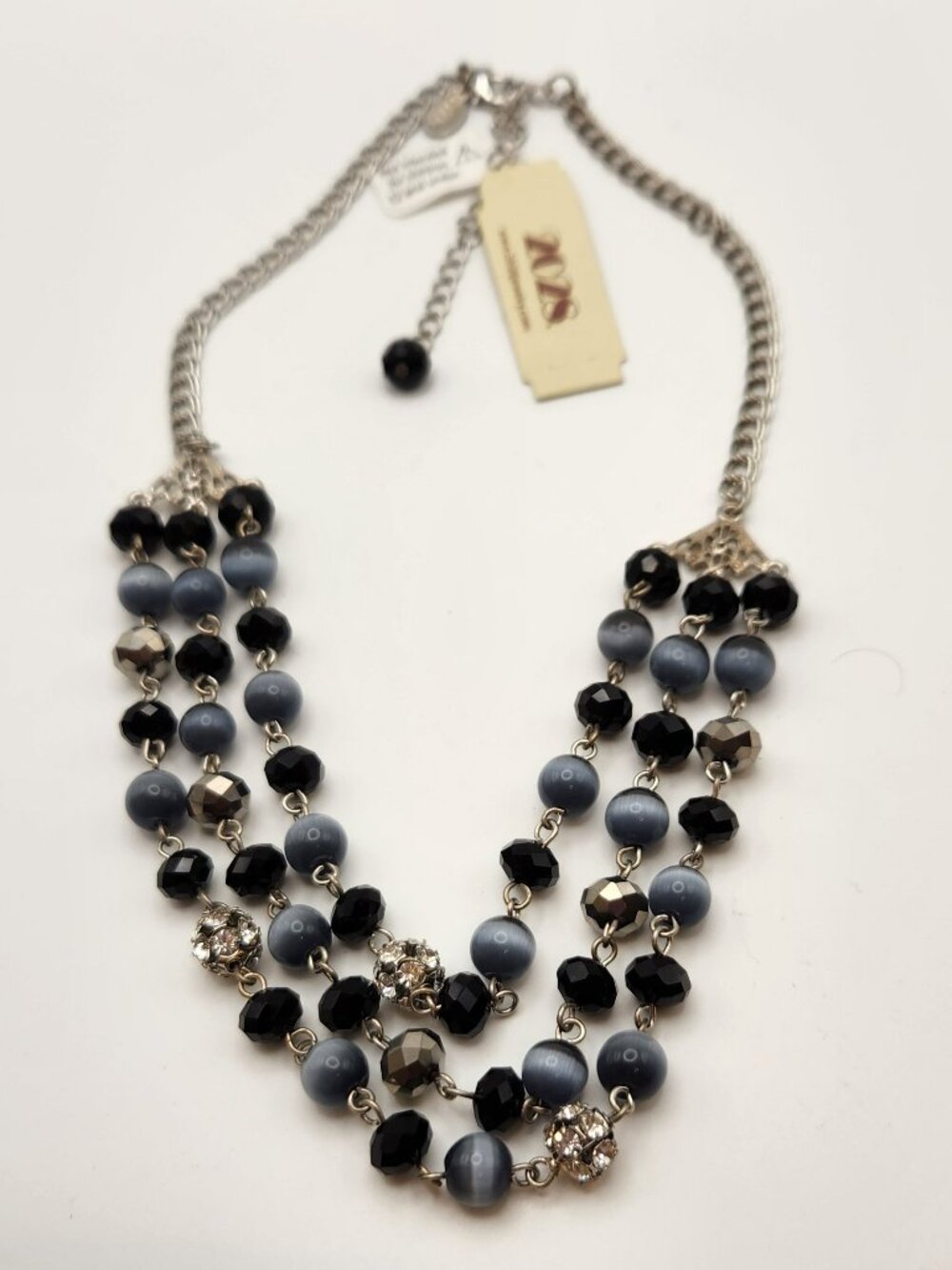 2028 Triple chain necklace silver tone with blue black beads NWT